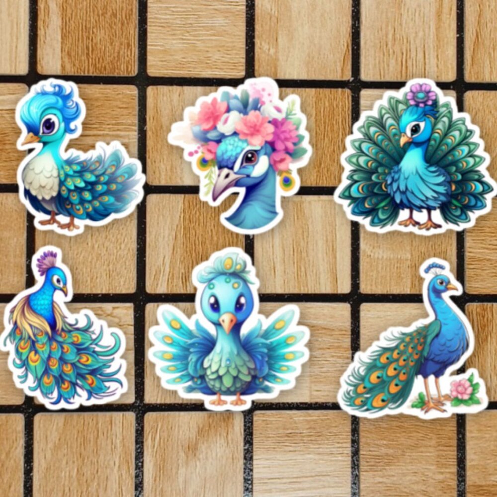 Peacock Sticker Pack of 6 Vinyl Stickers Waterproof Die Cut Bird Stickers